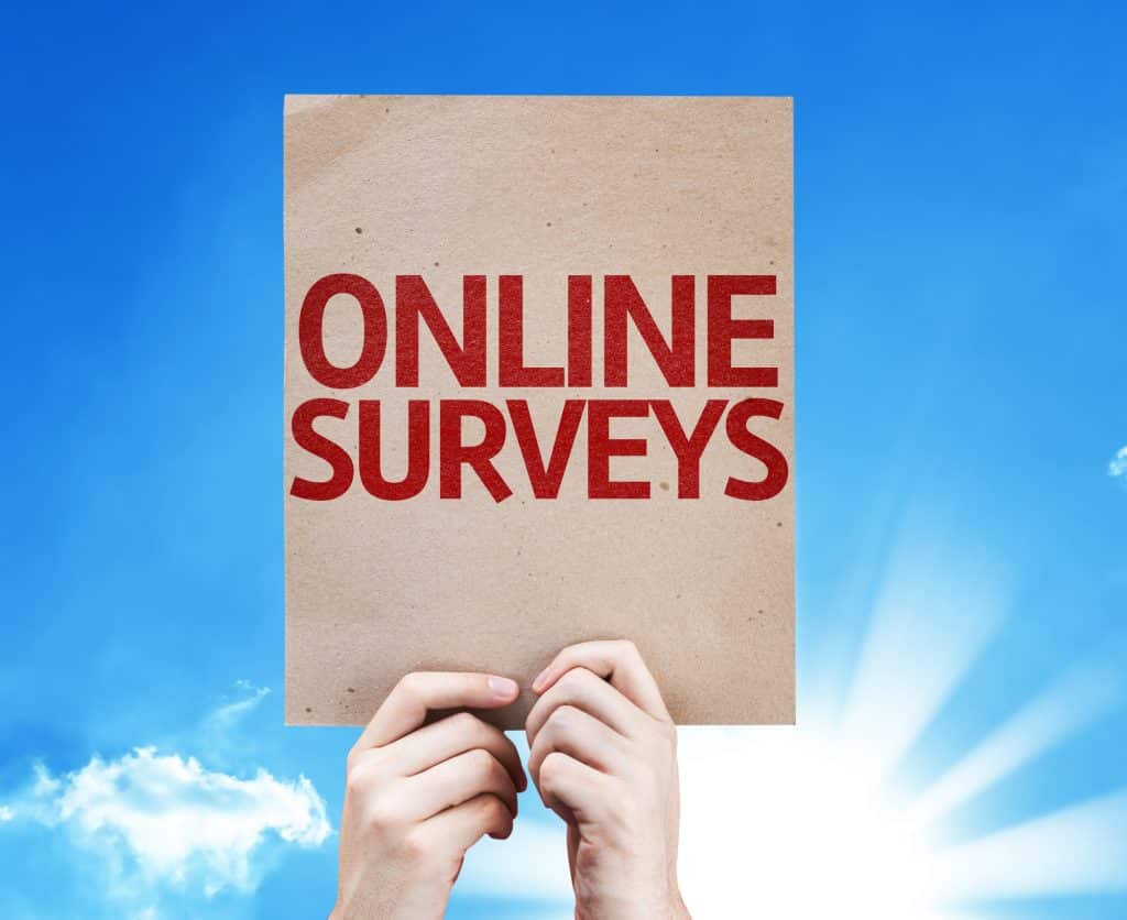 person holding an online surveys sign in hands