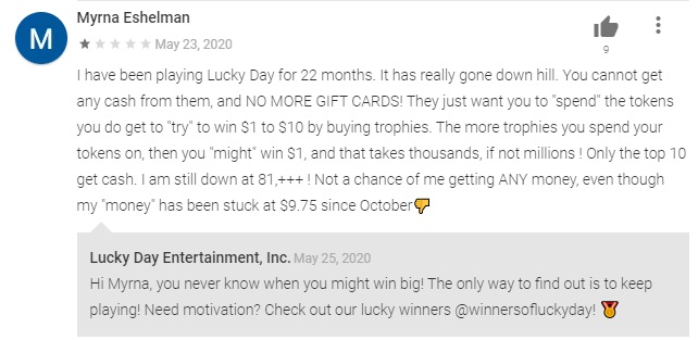 lucky day app negative review comment